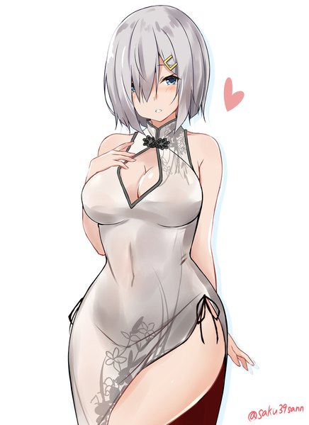 Anime picture 1488x2047 with kantai collection hamakaze destroyer saku (kudrove) single tall image looking at viewer blush fringe short hair breasts blue eyes light erotic simple background large breasts standing white background bare shoulders signed cleavage silver hair