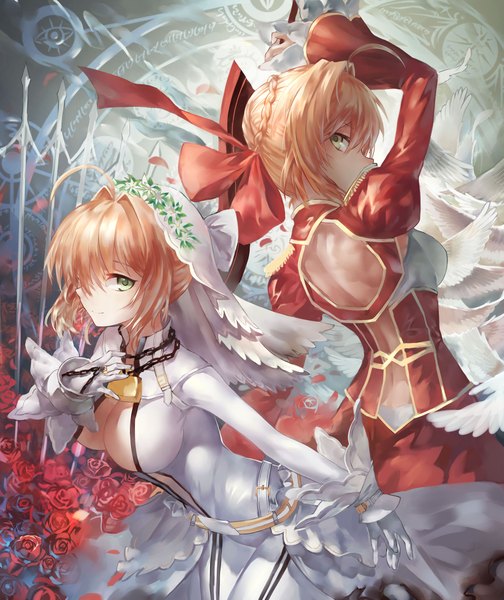 Anime picture 1800x2144 with fate (series) fate/grand order fate/extra fate/extra ccc nero claudius (fate) (all) nero claudius (fate) nero claudius (bride) (fate) azomo tall image looking at viewer fringe highres short hair breasts light erotic blonde hair smile hair between eyes large breasts multiple girls