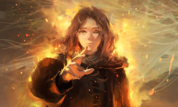 Anime picture 3012x1800 with elden ring melina (elden ring) dino (dinoartforame) single looking at viewer highres short hair brown hair wide image yellow eyes upper body one eye closed outstretched hand girl flame sparks
