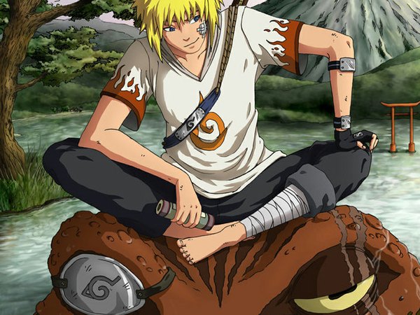 Anime picture 1024x768 with naruto studio pierrot naruto (series) namikaze minato fringe short hair blue eyes blonde hair smile holding looking away scar mountain river hokage boy plant (plants) tree (trees) water hairband