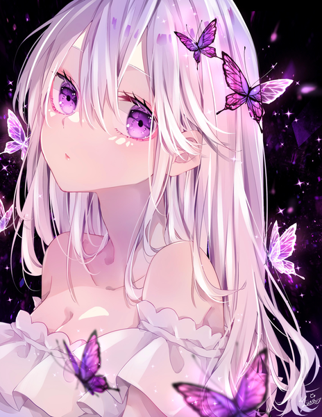 Anime-Bild 1700x2200 mit original luna s210 single long hair tall image looking at viewer fringe breasts simple background hair between eyes bare shoulders signed cleavage upper body white hair pink eyes black background girl insect butterfly