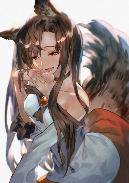 Anime picture 1003x1416 with touhou imaizumi kagerou uu uu zan single long hair tall image open mouth simple background brown hair white background bare shoulders animal ears tail :d animal tail from above fang (fangs) hand to mouth wolf ears wolf tail