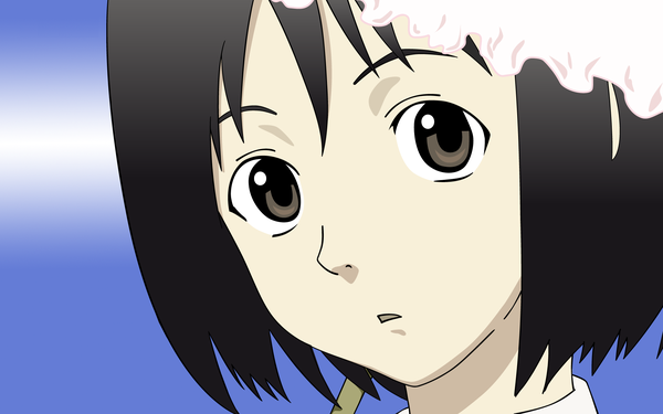 Anime picture 1920x1200 with nhk ni youkoso gonzo nakahara misaki single looking at viewer fringe highres short hair black hair simple background wide image parted lips head tilt grey eyes close-up blue background face vector girl