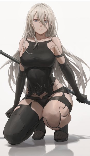 Anime picture 3113x5354 with nier nier:automata yorha type a no. 2 free style (yohan1754) single long hair tall image looking at viewer fringe highres breasts blue eyes light erotic simple background hair between eyes white background bare shoulders holding absurdres silver hair