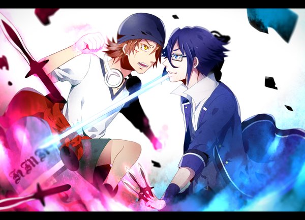 Anime picture 1800x1300 with k-project gohands (studio) fushimi saruhiko misaki yata highres short hair open mouth blue eyes simple background brown hair yellow eyes blue hair glowing battle headphones around neck weapon sword glasses cap