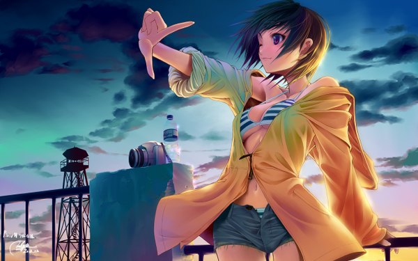 Anime picture 1280x800 with yuuzii single short hair breasts light erotic smile red eyes brown hair wide image signed sky cloud (clouds) one eye closed wink off shoulder arm support outstretched arm underboob evening sunset