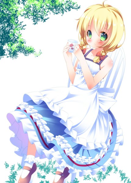 Anime picture 1200x1678 with the witch's house viola (the witch's house) zefa (neoaltemice) single tall image blush short hair blonde hair green eyes braid (braids) twin braids girl dress bow hair bow frills