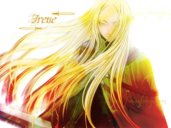 Anime picture 1024x768 with claymore madhouse irene single long hair blonde hair white hair pointy ears grey eyes girl weapon sword cloak