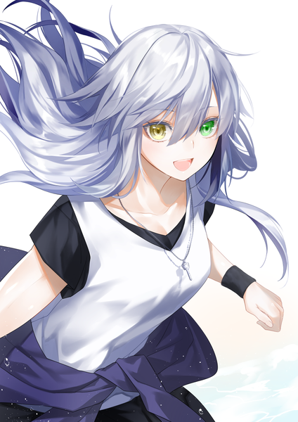 Anime picture 800x1133 with original dodome ichika waka (shark waka) single long hair tall image looking at viewer blush fringe breasts open mouth simple background smile hair between eyes white background green eyes yellow eyes silver hair :d heterochromia
