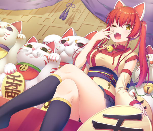 Anime picture 1400x1200 with original makatani single long hair looking at viewer blush fringe breasts open mouth light erotic sitting twintails animal ears yellow eyes payot bent knee (knees) red hair indoors braid (braids) traditional clothes