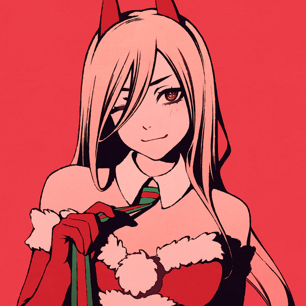Anime-Bild 1080x1080 mit chainsaw man mappa power (chainsaw man) moshimoshibe single long hair looking at viewer fringe breasts simple background smile hair between eyes pink hair one eye closed horn (horns) christmas red background adjusting clothes polychromatic high contrast