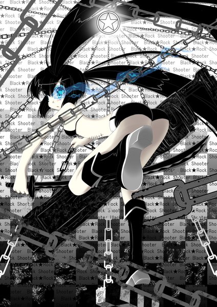 Anime picture 2894x4093 with black rock shooter black rock shooter (character) shirakawako single long hair tall image highres blue eyes light erotic black hair twintails ass looking back monochrome checkered background girl weapon sword shorts boots