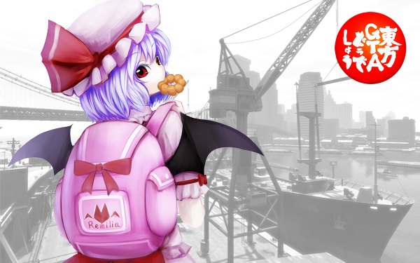 Anime picture 1200x750 with touhou remilia scarlet nishi masakazu short hair red eyes wide image purple hair looking back mouth hold girl dress wings food bag bonnet doughnut