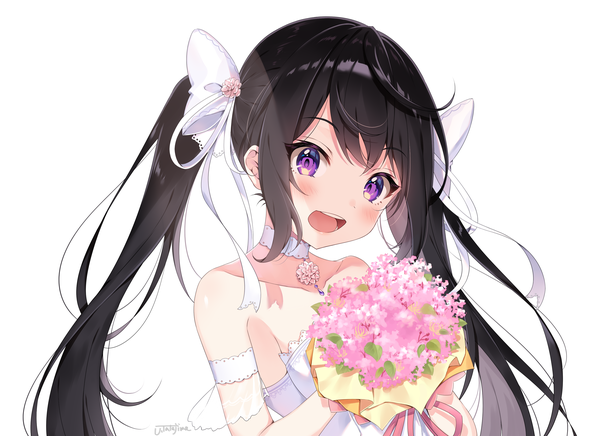 Anime picture 3000x2180 with virtual youtuber philharmonic princesses hanayashiki momoyaka rei (kinokotype) single long hair looking at viewer blush highres open mouth black hair simple background white background purple eyes twintails bare shoulders signed payot upper body girl