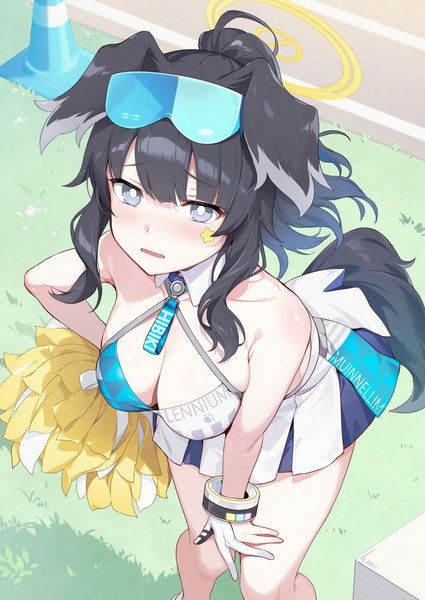 Anime picture 1241x1754 with blue archive hibiki (blue archive) hibiki (cheerleader) (blue archive) azuki yui single long hair tall image blush breasts open mouth blue eyes light erotic black hair large breasts animal ears ponytail tail animal tail midriff leaning