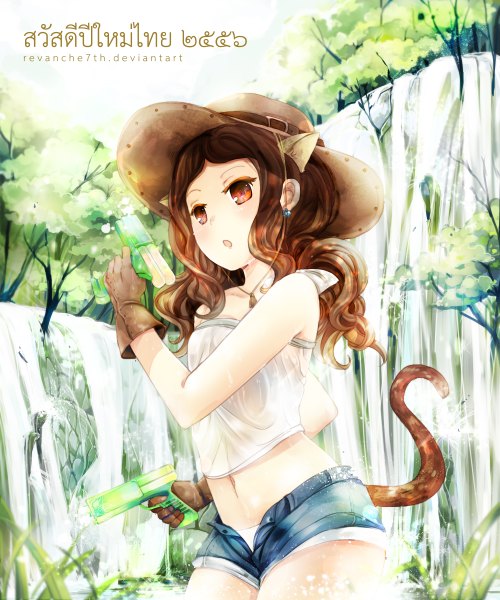 Anime picture 2000x2400 with original revanche7th (artist) long hair tall image highres open mouth brown hair bare shoulders brown eyes animal ears cat ears cat tail open shorts girl gloves navel hat shorts water gun