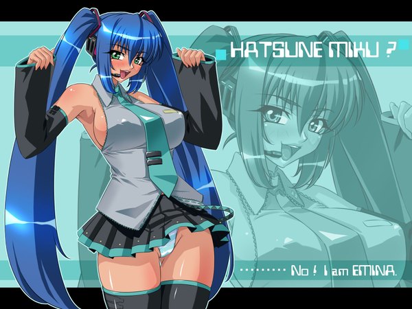 Anime picture 1600x1200 with vocaloid hatsune miku kagami blush highres breasts light erotic twintails green eyes blue hair pantyshot huge breasts striped cosplay hatsune miku (cosplay) girl thighhighs underwear panties striped panties