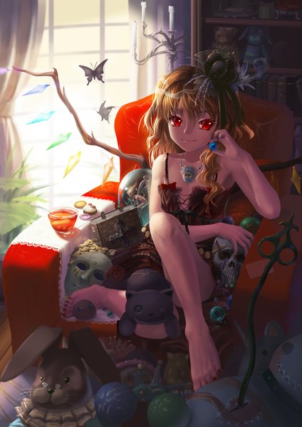 Anime picture 2480x3508 with touhou flandre scarlet saber 01 single tall image highres smile red eyes bare shoulders nail polish barefoot fingernails orange hair light long fingernails detailed girl wings window book (books)