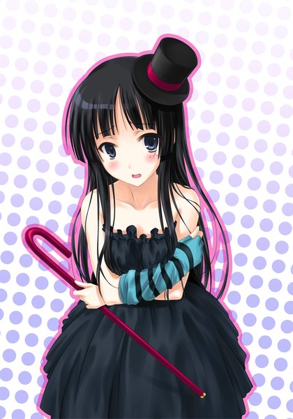 Anime picture 757x1080 with k-on! kyoto animation akiyama mio hiten (hitenkei) single long hair tall image looking at viewer blush open mouth blue eyes black hair bare shoulders girl dress hat cane