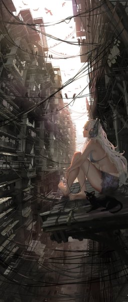 Anime picture 595x1400 with original denki single long hair tall image fringe hair between eyes sitting bare shoulders sky bent knee (knees) white hair parted lips profile barefoot sunlight midriff looking up girl swimsuit