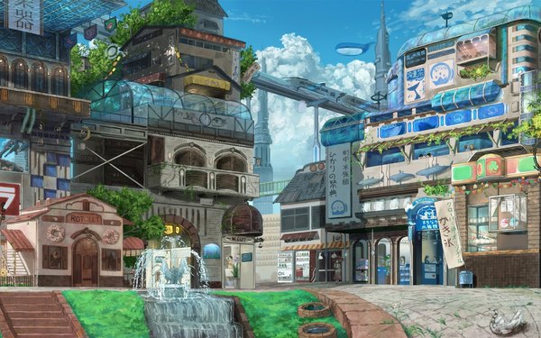 Anime picture 1680x1050 with original tagme (artist) long hair wide image sky cloud (clouds) cityscape street girl dress plant (plants) tree (trees) water white dress building (buildings) umbrella skyscraper train shop balcony