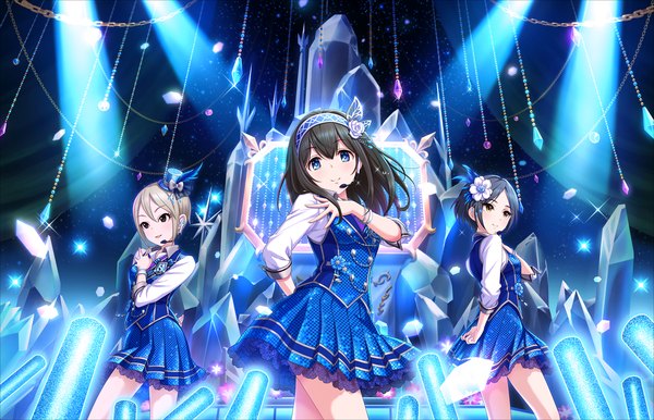 Anime picture 1280x824 with idolmaster idolmaster cinderella girls idolmaster cinderella girls starlight stage sagisawa fumika hayami kanade shiomi shuuko long hair looking at viewer short hair blue eyes black hair smile multiple girls brown eyes looking away white hair saite jewel girl dress hairband