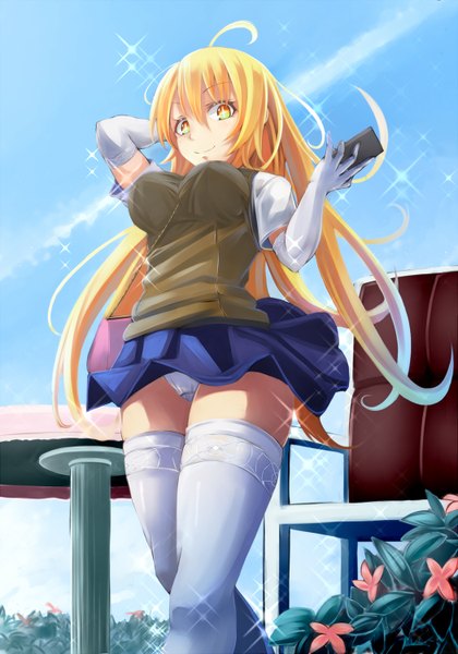 Anime picture 1050x1500 with to aru kagaku no railgun to aru majutsu no index j.c. staff shokuhou misaki irohara single long hair tall image light erotic blonde hair yellow eyes pantyshot + + girl thighhighs skirt gloves uniform flower (flowers) school uniform