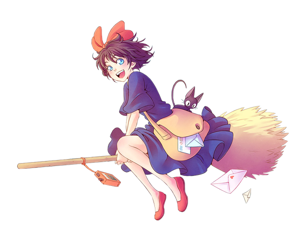 Anime picture 949x734 with kiki's delivery service studio ghibli kiki jiji single blush short hair open mouth blue eyes smile brown hair looking away full body transparent background flying witch broom riding girl dress bow