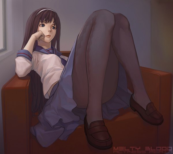 Anime picture 2000x1784 with melty blood type-moon toono akiha nfb-zmc single long hair highres blue eyes brown hair sitting bent knee (knees) reclining convenient leg girl skirt uniform school uniform pantyhose serafuku shoes