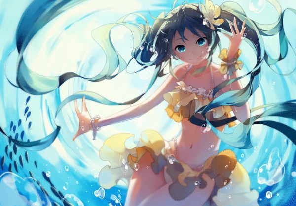 Anime picture 1297x907 with vocaloid hatsune miku mikuru rumisora single looking at viewer light erotic smile twintails bare shoulders very long hair hair flower aqua eyes aqua hair bare belly partially submerged happy birthday girl navel hair ornament flower (flowers)