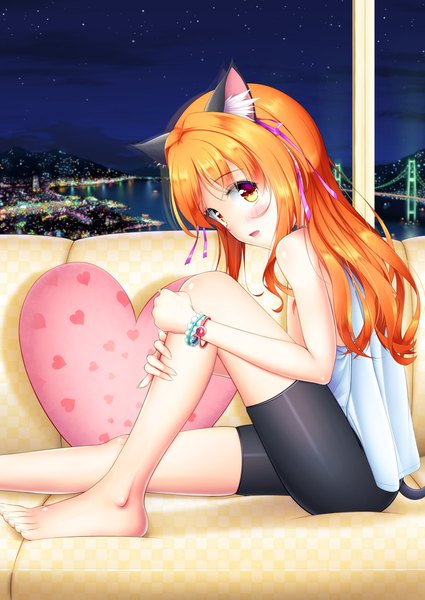 Anime picture 819x1157 with original nobady single long hair tall image looking at viewer blush open mouth light erotic sitting brown eyes animal ears indoors tail animal tail cat ears orange hair night cat girl cat tail