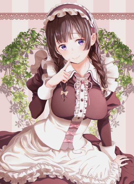 Anime picture 1137x1562 with original umiyama single long hair tall image blush black hair smile purple eyes braid (braids) maid girl dress uniform plant (plants) frills headdress maid headdress