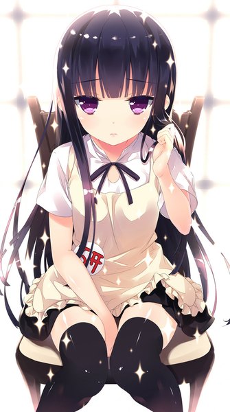 Anime picture 579x1036 with working!! inu x boku ss a-1 pictures david production shirakiin ririchiyo show (rinnetenshow) single long hair tall image looking at viewer blush sitting purple eyes purple hair yamada aoi (cosplay) girl thighhighs black thighhighs apron