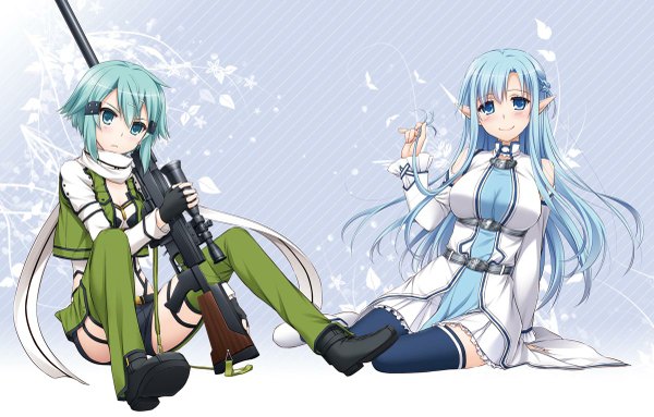 Anime picture 1200x767 with sword art online a-1 pictures yuuki asuna asada shino asuna (sao-alo) nakajima yuka long hair looking at viewer short hair blue eyes sitting multiple girls blue hair pointy ears girl dress gloves weapon 2 girls boots