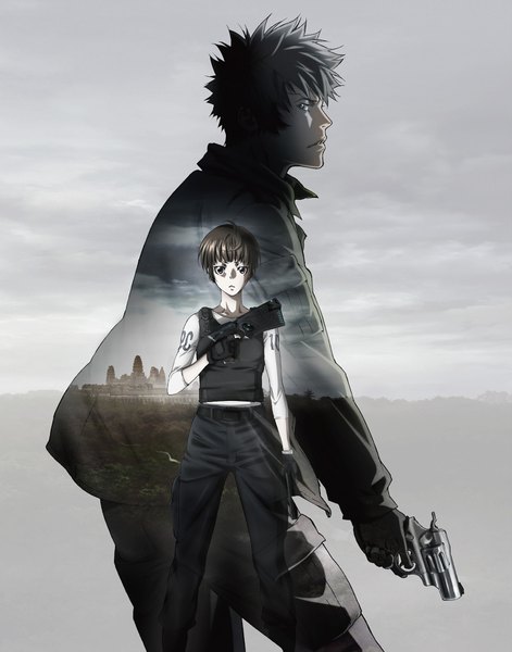 Anime picture 1600x2036 with psycho-pass production i.g kougami shin'ya tsunemori akane tall image looking at viewer fringe short hair black hair simple background brown hair brown eyes looking away profile grey background girl boy gloves uniform weapon