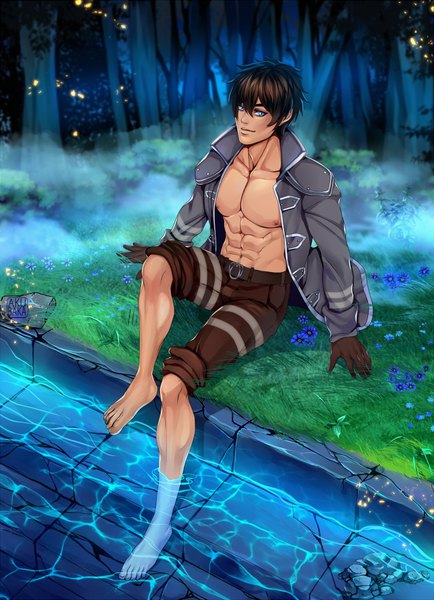 Anime picture 651x900 with original akubaka single tall image short hair smile brown hair sitting bent knee (knees) barefoot open jacket muscle silver eyes river soaking feet fog boy gloves flower (flowers) plant (plants)