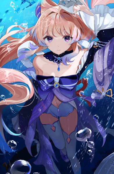 Anime picture 2039x3124 with genshin impact sangonomiya kokomi mikanoisi single tall image looking at viewer fringe highres purple eyes pink hair very long hair arm up underwater girl thighhighs gloves animal white gloves detached collar bubble (bubbles)