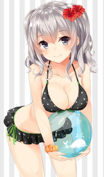 Anime picture 1472x2500 with kantai collection kashima training cruiser takehana note single long hair tall image looking at viewer blush fringe breasts light erotic smile hair between eyes large breasts twintails silver hair hair flower wet grey eyes leaning