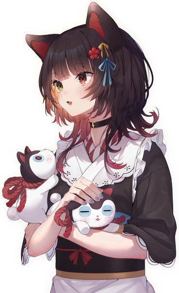 Anime picture 2500x4077 with virtual youtuber nijisanji inui toko nenehotoso single tall image fringe highres short hair black hair simple background white background animal ears looking away upper body blunt bangs nail polish traditional clothes japanese clothes heterochromia