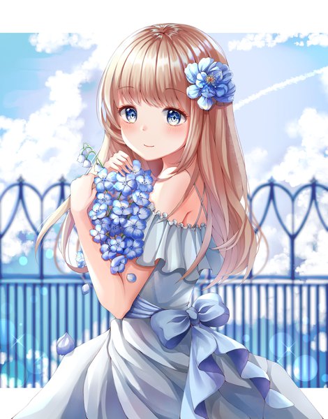 Anime picture 3000x3827 with original caron single long hair tall image looking at viewer blush fringe highres blue eyes blonde hair smile standing holding sky cloud (clouds) outdoors blunt bangs hair flower off shoulder