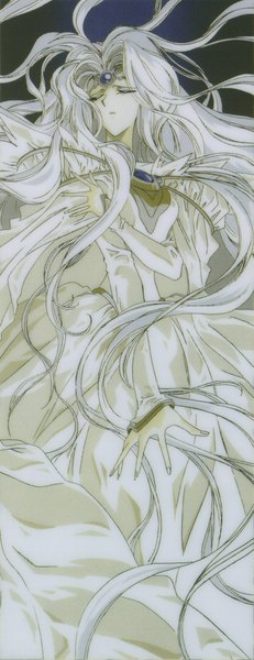Anime picture 918x2380 with magic knight rayearth clamp emeraude single tall image white hair eyes closed very long hair grey hair scan dark background crossed arms pale skin messy hair girl dress white dress