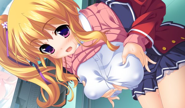 Anime picture 1024x600 with houkago eroge bu! kisshouin yanagi long hair blush breasts open mouth light erotic blonde hair wide image large breasts game cg ponytail pink eyes side ponytail breast grab girl uniform school uniform shirt