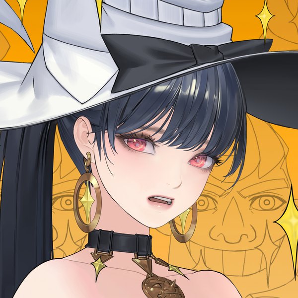Anime picture 4000x4000 with original ake (cherrylich) single long hair fringe highres open mouth black hair bare shoulders absurdres ponytail pink eyes lipstick yellow background girl hat earrings pendant collar hoop earrings