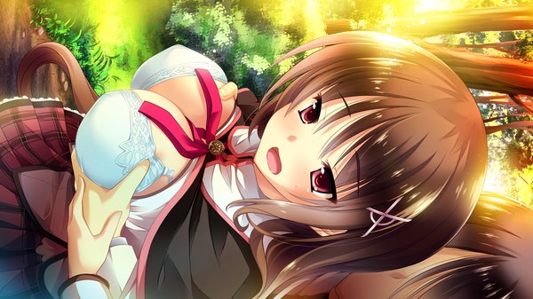 Anime picture 1920x1080 with ojousama wa gokigen naname ichimine touka long hair blush highres breasts open mouth light erotic black hair red eyes brown hair wide image large breasts game cg couple breast grab girl boy uniform school uniform