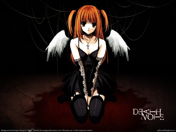 Anime picture 1024x768 with death note madhouse amane misa suzuhira hiro single long hair looking at viewer sitting bent knee (knees) orange hair two side up zettai ryouiki copyright name third-party edit girl thighhighs dress black thighhighs detached sleeves wings