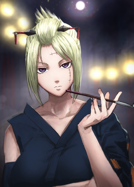 Anime picture 647x900 with gintama sunrise (studio) tsukuyo (gintama) minami koyogi single tall image looking at viewer short hair breasts blonde hair large breasts purple eyes upper body traditional clothes head tilt japanese clothes night scar serious folded ponytail