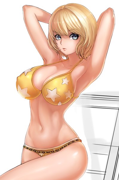 Anime picture 1624x2440 with blade & soul mappung-gun (mhg0106) single tall image looking at viewer fringe short hair breasts light erotic simple background blonde hair large breasts white background armpit (armpits) grey eyes arms behind head girl navel swimsuit bikini