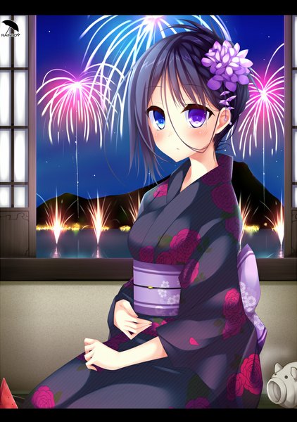 Anime picture 721x1024 with original nishi minami suterii single long hair tall image looking at viewer blush blue eyes black hair sitting purple eyes sky traditional clothes japanese clothes hair flower heterochromia floral print letterboxed fireworks
