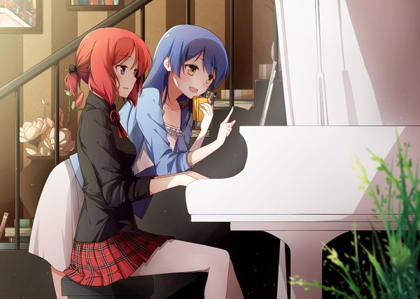 Anime picture 1403x1000 with love live! school idol project sunrise (studio) love live! nishikino maki sonoda umi whiisky long hair short hair open mouth sitting purple eyes multiple girls brown eyes blue hair red hair playing instrument girl skirt flower (flowers) 2 girls