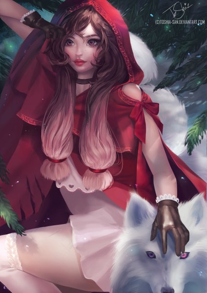 Anime picture 1920x2716 with little red riding hood little red riding hood (character) toshia-san single long hair tall image blush fringe highres hair between eyes brown hair twintails signed looking away pink hair bent knee (knees) pink eyes arm up lips lipstick